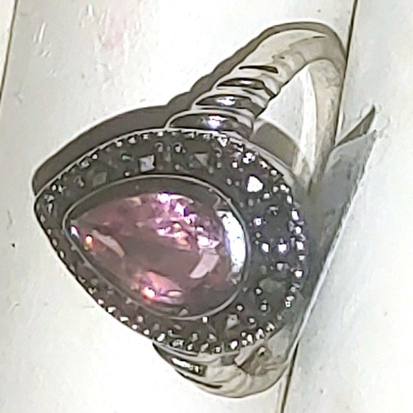 New Old Stock NWT EDCO Ring Band sz 5 Rhodium Marcasite & Pear Cut Topaz - Picture 16 of 16